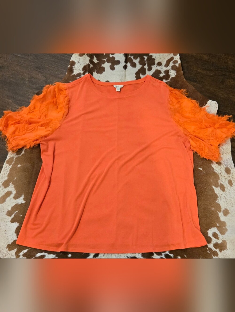 Cato Bright Orange Short-Sleeve Top with Feathered Sleeves